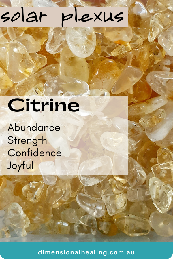 showing a bowl of citrine Solar Plexus Chakra Stone with a list of traits it has
