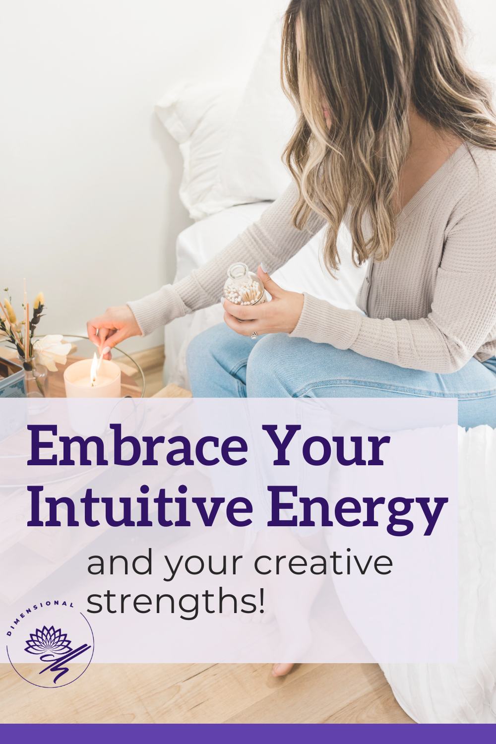 woman sitting on sofa lighting a candle to embrace her intuitive energy