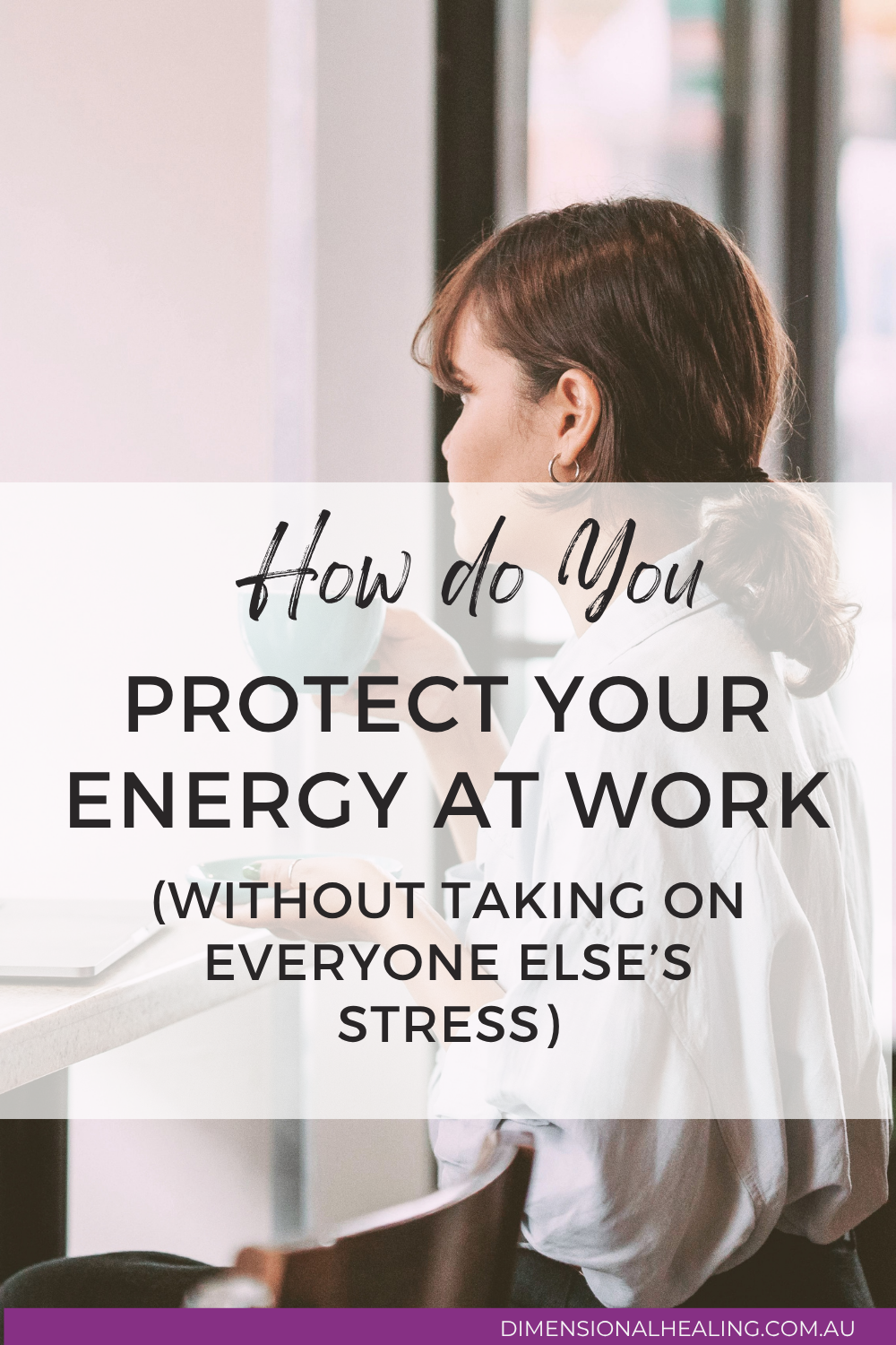 young woman sitting at her laptop drinking from a teacup worrying about the stressul energy in her workplace