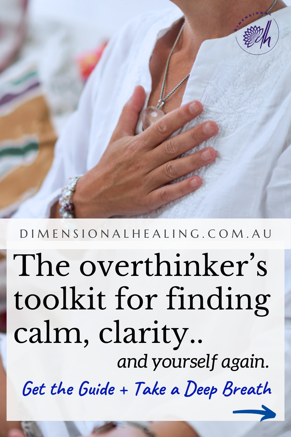 woman hand on heart feeling relaxed after using the energy alignment guide